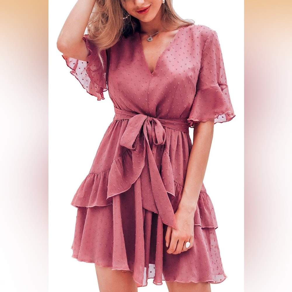 Elegant Pink Ruffle Mini V-Neck Dress